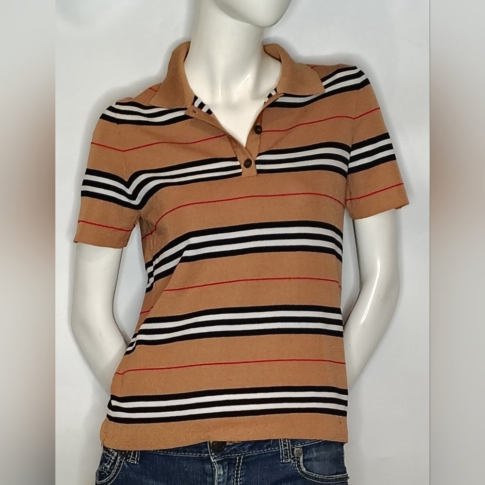 Striped Tan Knit Polo Shirt China Buttons City  Sz Small